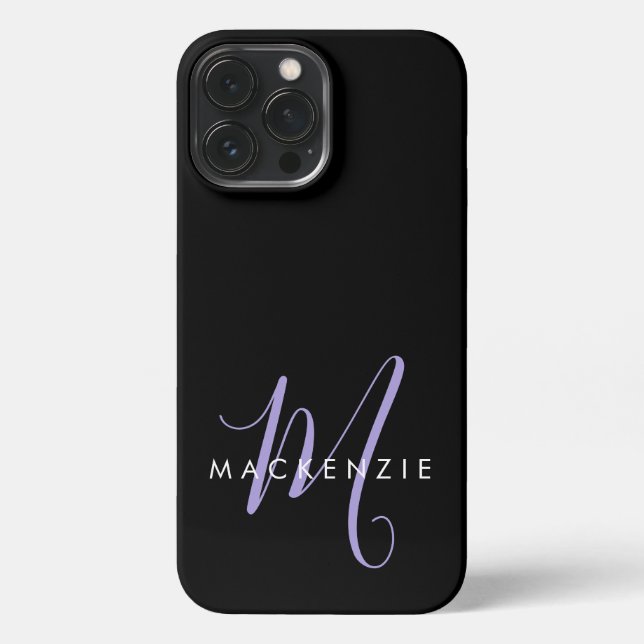 Elegant Modern Black Lavender Script Monogram iPhone Case (Back)
