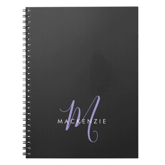 Elegant Modern Black Lavender Script Monogram Notebook (Front)