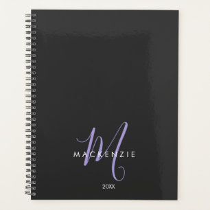 Elegant Modern Black Lavender Script Monogram Planner