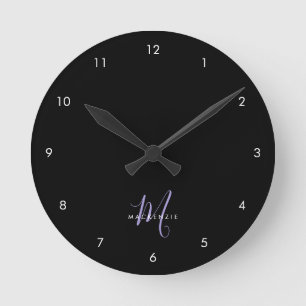 Elegant Modern Black Lavender Script Monogram Round Clock