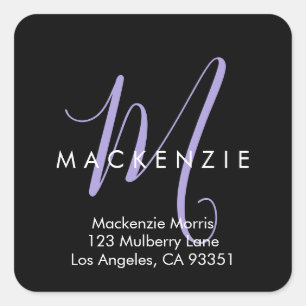 Elegant Modern Black Lavender Script Monogram Square Sticker