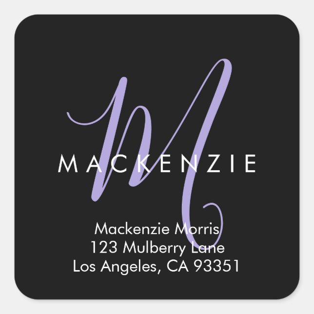 Elegant Modern Black Lavender Script Monogram Square Sticker (Front)