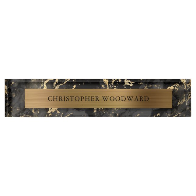 Elegant Modern Black Marble Brushed Gold Foil Nameplate (Front)