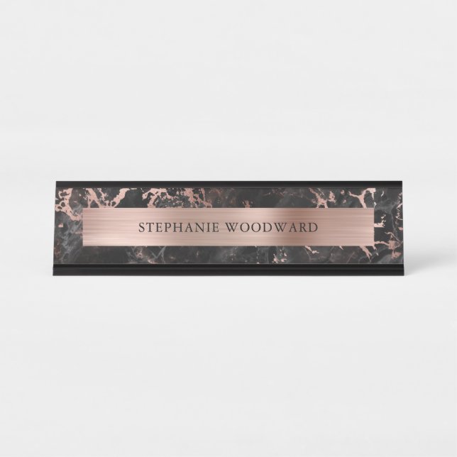 Elegant Modern Black Marble Brushed Rose Gold Foil Desk Name Plate (Front)