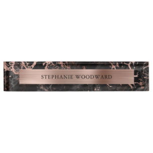 Elegant Modern Black Marble Brushed Rose Gold Foil Nameplate