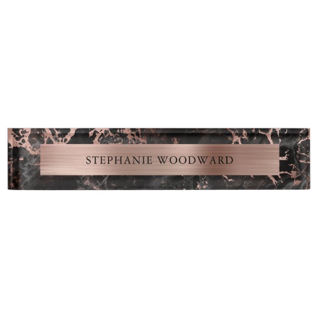 Elegant Modern Black Marble Brushed Rose Gold Foil Nameplate (Front)