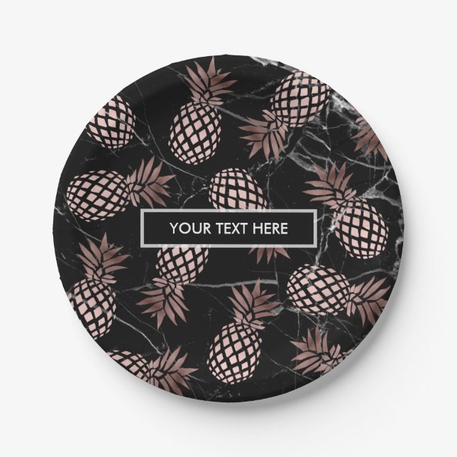 elegant modern black marble rose gold pineapple paper plate (Front)
