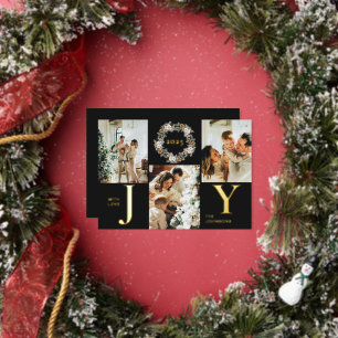 Elegant Modern Black Photo Collage Joy Christmas Foil Holiday Card