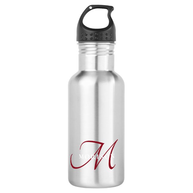 Elegant Modern Black Red Script Monogram 710 Ml Water Bottle (Front)