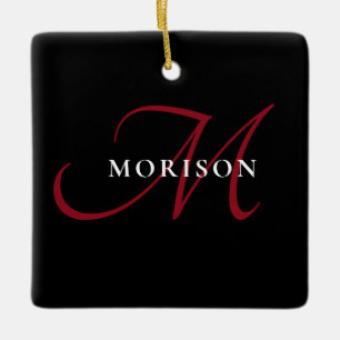 Elegant Modern Black Red Script Monogram Ceramic Ornament