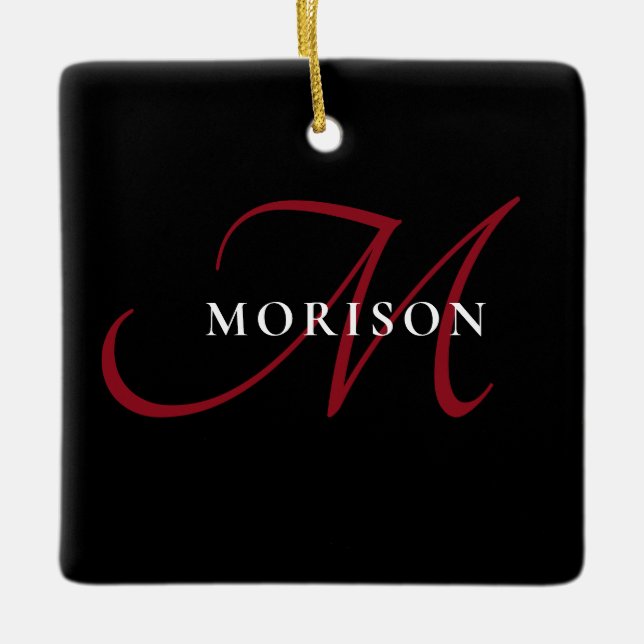 Elegant Modern Black Red Script Monogram Ceramic Ornament (Front)