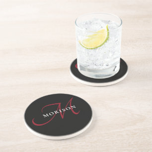 Elegant Modern Black Red Script Monogram Coaster