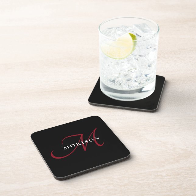 Elegant Modern Black Red Script Monogram Coaster (Right Side)