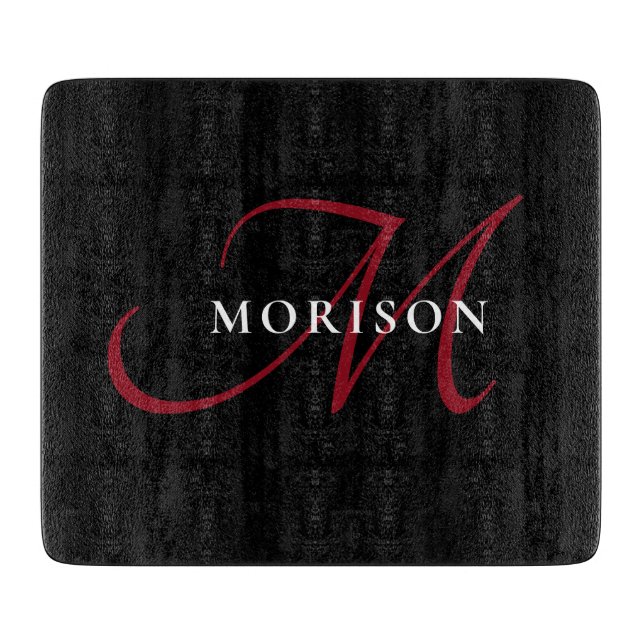 Elegant Modern Black Red Script Monogram Cutting Board (Front)
