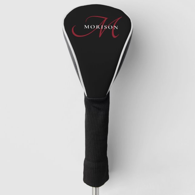 Elegant Modern Black Red Script Monogram Golf Head Cover (Front)