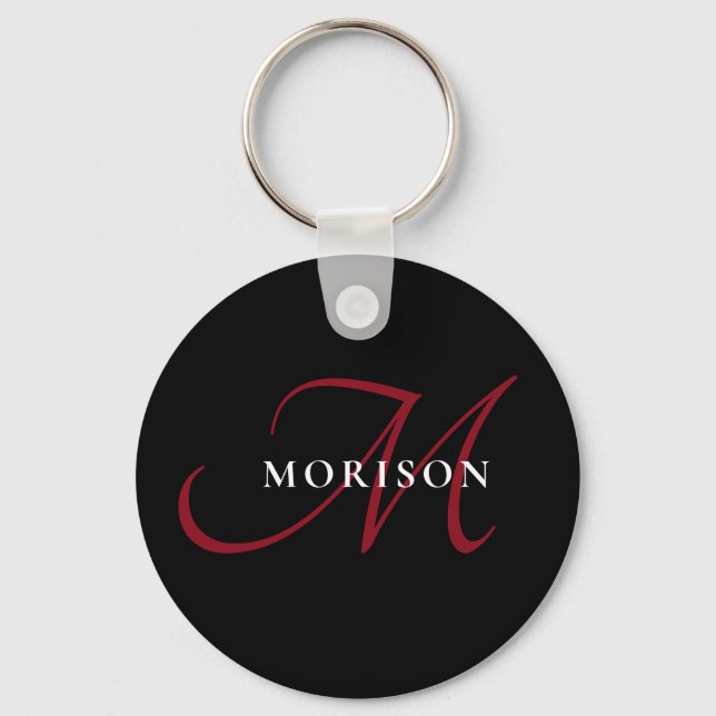 Elegant Modern Black Red Script Monogram Key Ring (Front)