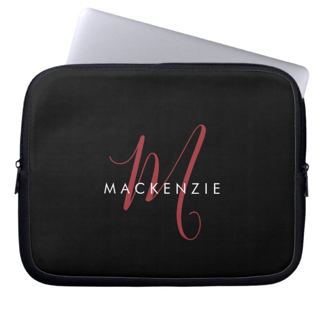 Elegant Modern Black Red Script Monogram Laptop Sleeve (Front)
