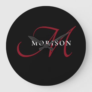 Elegant Modern Black Red Script Monogram Large Clock