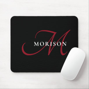 Elegant Modern Black Red Script Monogram Mouse Mat