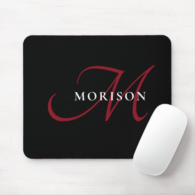 Elegant Modern Black Red Script Monogram Mouse Mat (With Mouse)