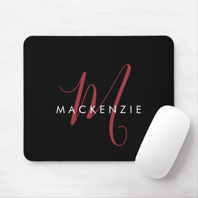 Elegant Modern Black Red Script Monogram Mouse Mat (With Mouse)