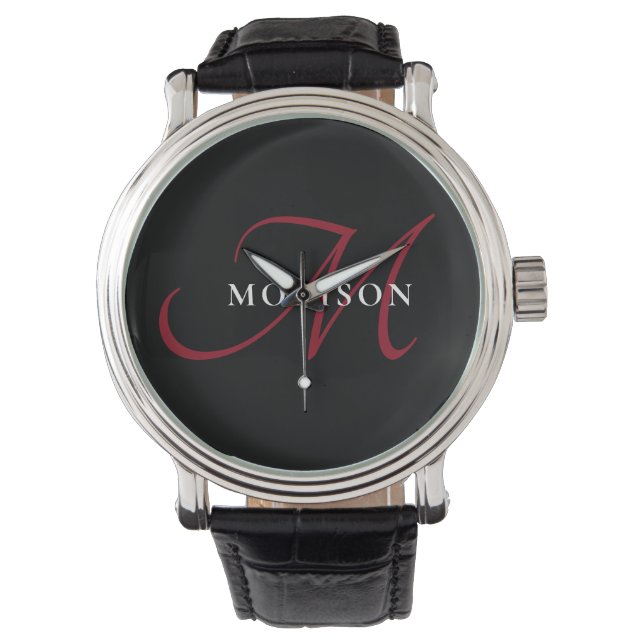 Elegant Modern Black Red Script Monogram Watch (Front)