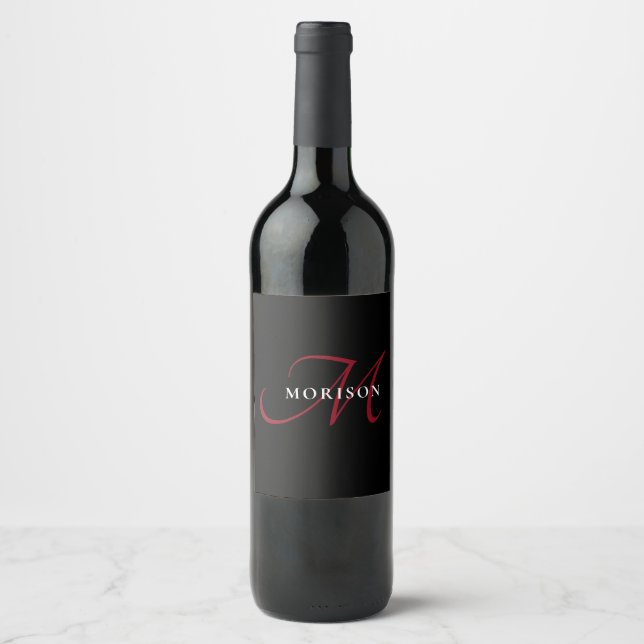 Elegant Modern Black Red Script Monogram Wine Label (Front)