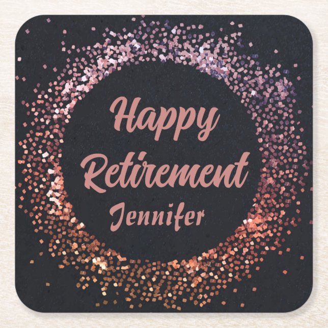 Elegant Modern Black Rose Gold Happy Retirement  Square Paper Coaster (Front)