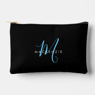 Elegant Modern Black Sky Blue Script Monogram Accessory Pouch