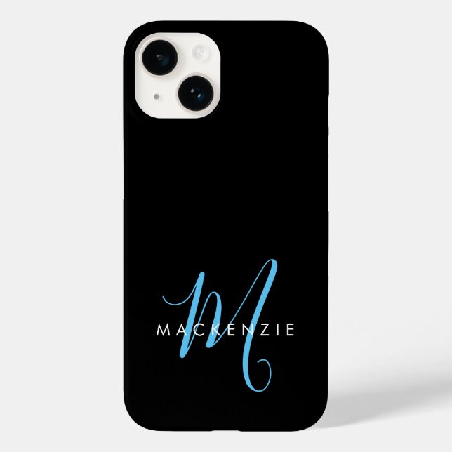 Elegant Modern Black Sky Blue Script Monogram Case-Mate iPhone Case (Back)