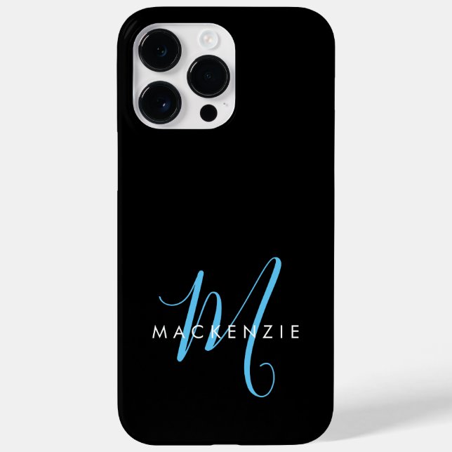 Elegant Modern Black Sky Blue Script Monogram Case-Mate iPhone Case (Back)