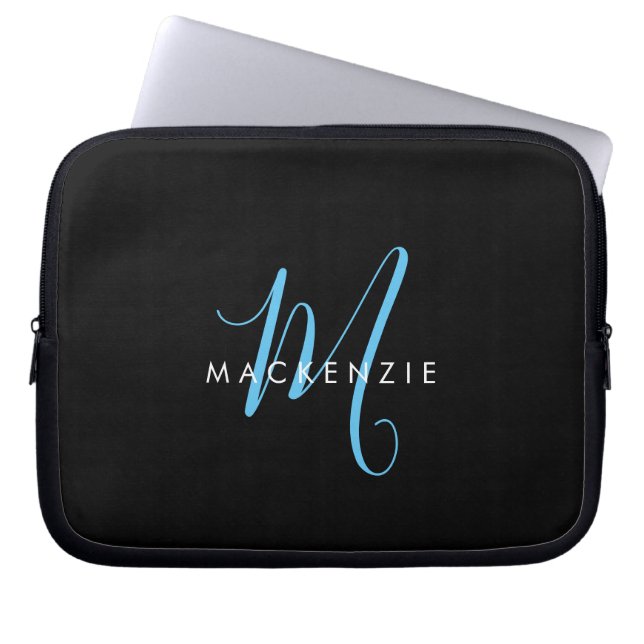Elegant Modern Black Sky Blue Script Monogram Laptop Sleeve (Front)