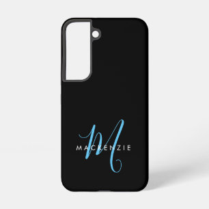 Elegant Modern Black Sky Blue Script Monogram Samsung Galaxy Case
