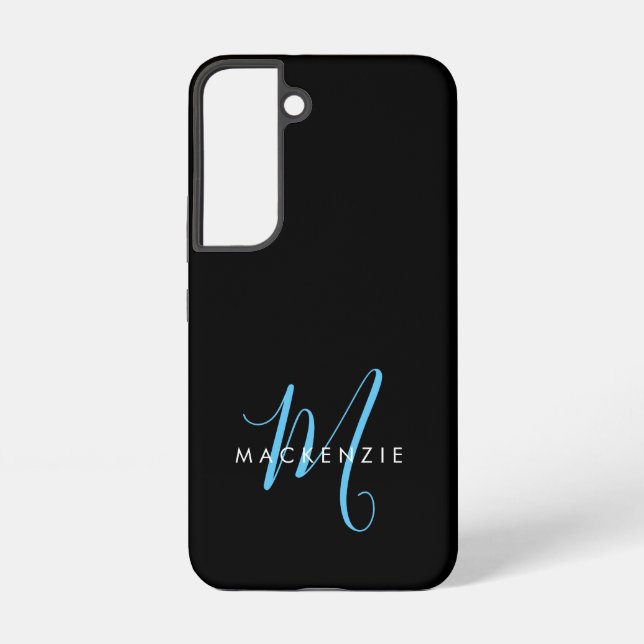 Elegant Modern Black Sky Blue Script Monogram Samsung Galaxy S22 Case (Back)