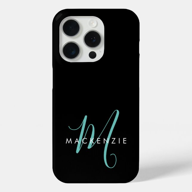 Elegant Modern Black Teal Script Monogram Case-Mate iPhone Case (Back)