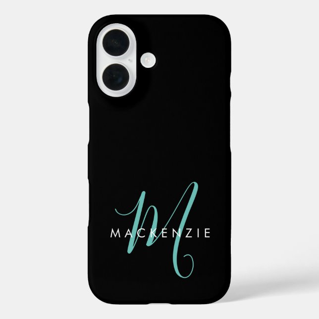 Elegant Modern Black Teal Script Monogram Case-Mate iPhone Case (Back)