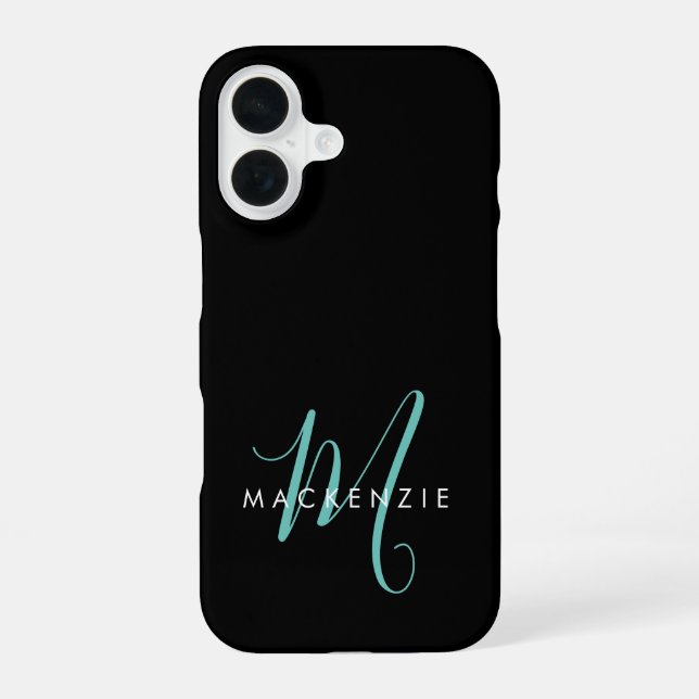 Elegant Modern Black Teal Script Monogram iPhone 16 Case (Back)