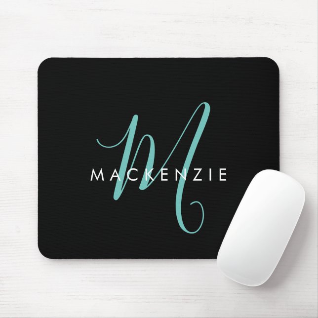 Elegant Modern Black Teal Script Monogram Mouse Mat (With Mouse)