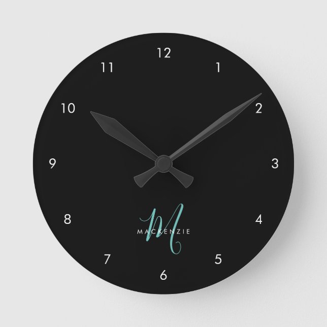 Elegant Modern Black Teal Script Monogram Round Clock (Front)