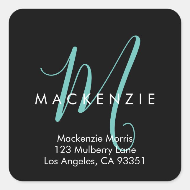 Elegant Modern Black Teal Script Monogram Square Sticker (Front)
