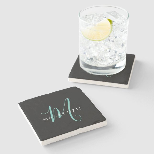 Elegant Modern Black Teal Script Monogram Stone Coaster (Side)