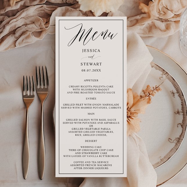 Elegant modern black white calligraphy wedding menu (Elegant modern black white calligraphy wedding menu)