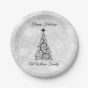 Elegant Modern Black White Christmas Holiday Party Paper Plate