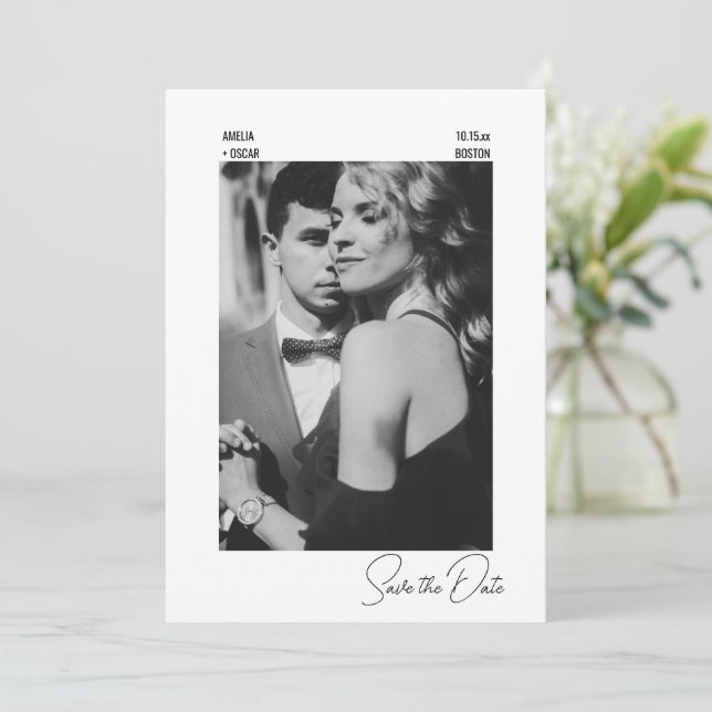Elegant Modern Black White Contemporary Wedding Save The Date (Standing Front)