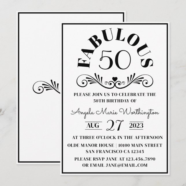 Elegant Modern Black White Fabulous Fifty Party Invitation (Front/Back)