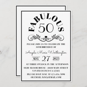 Elegant Modern Black White Fabulous Fifty Party Invitation