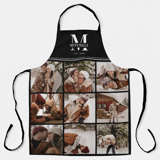 Elegant Modern Black White Family Photo Collage Apron (Front)