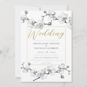 Elegant Modern Black White Gold Floral Wedding Invitation