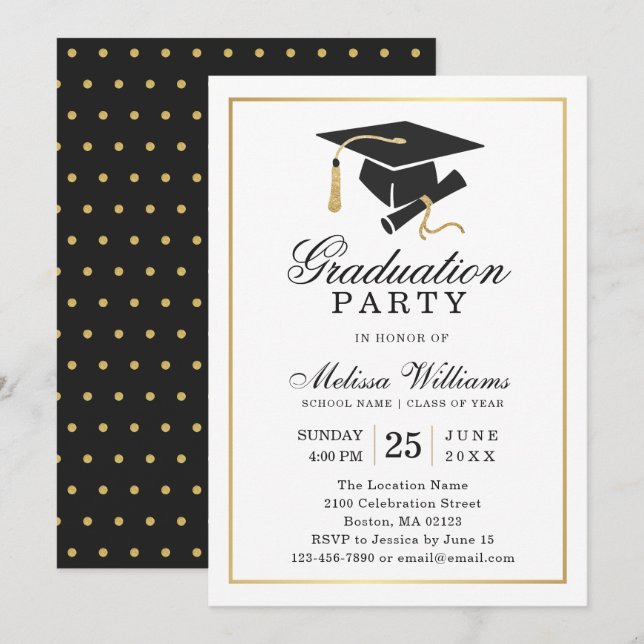 Elegant Modern Black White Gold Graduation Party Invitation (Front/Back)