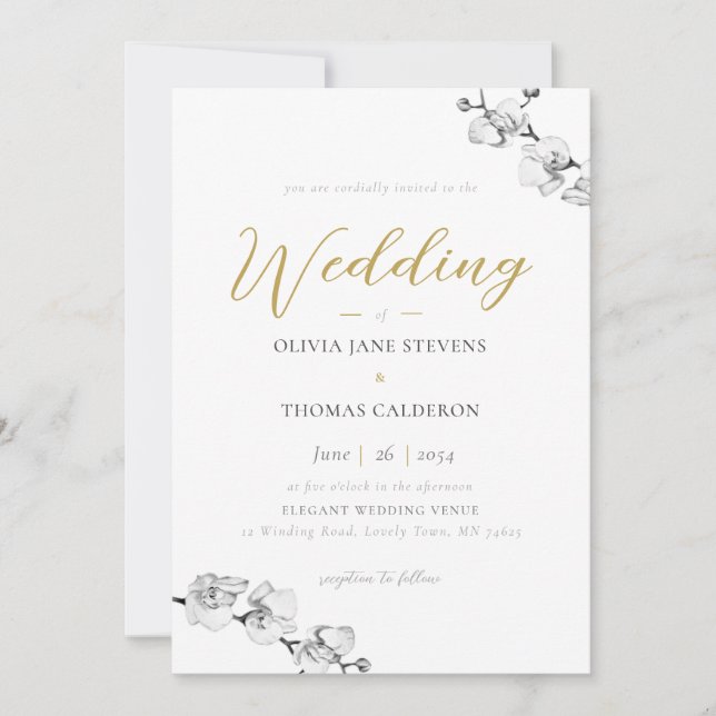 Elegant Modern Black White Gold Orchid Wedding Invitation (Front)